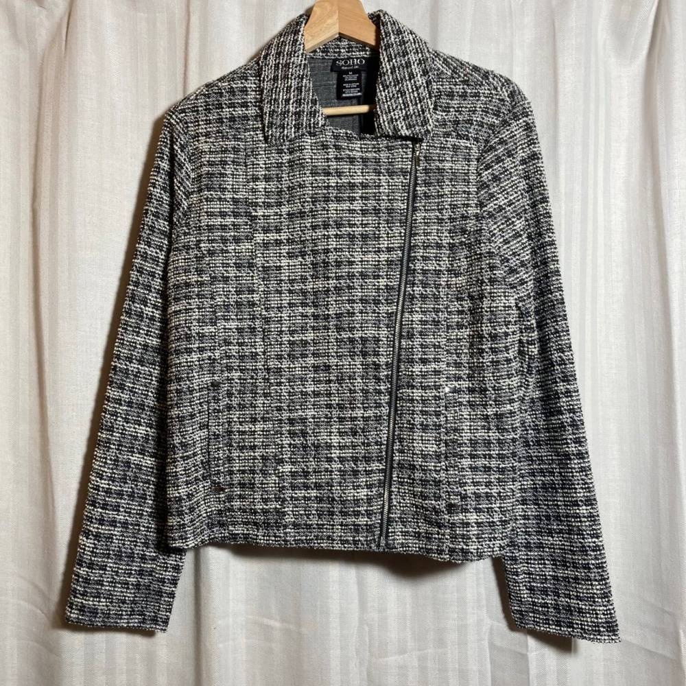 SOHO Apparel Ltd Womens Black White Tweed Moto Jacket Asymmetric Zip M Edgy Chic